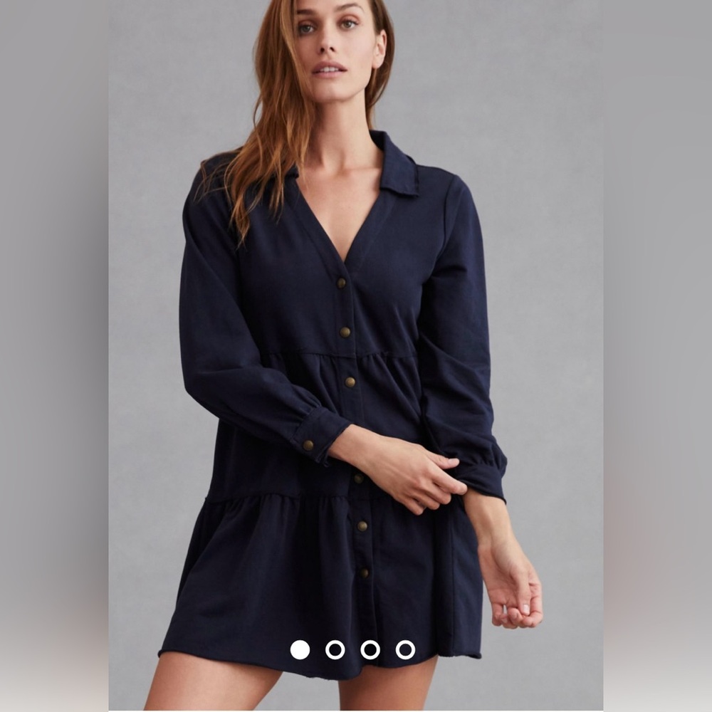 Sundays Navy Amy Button Down‎ Long Sleeve V Neck Mini Dress Size XS